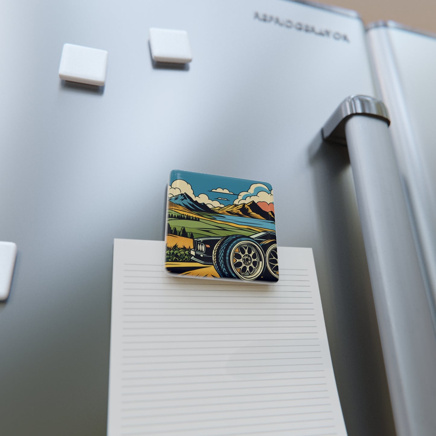 Vintage Car Landscape Porcelain Magnet - Retro Art for Auto Enthusiasts