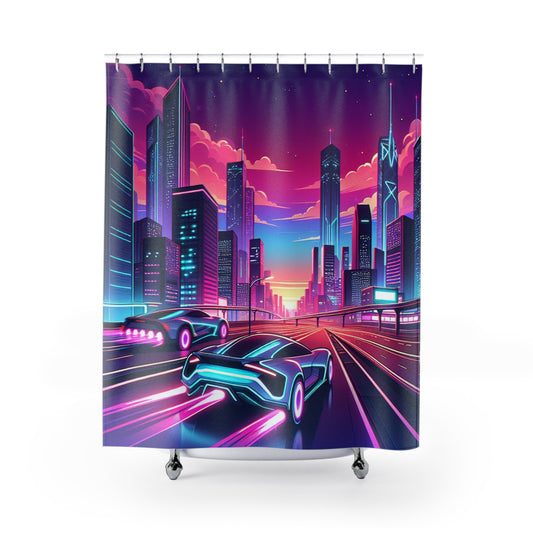 Futuristic Neon City Shower Curtain - Retro Style Home Decor