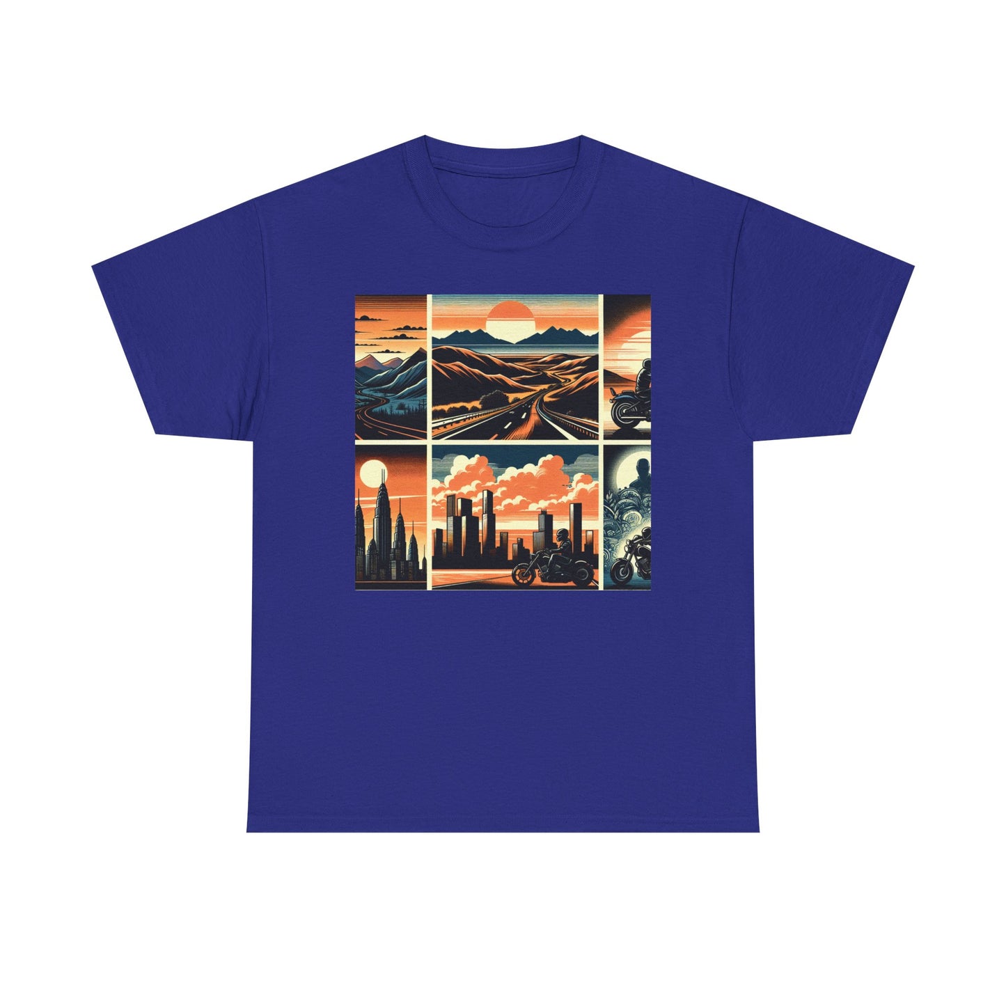 Retro Bike Adventure Vibes Unisex Heavy Cotton Tee - Vintage Motorcycle & Landscape Design