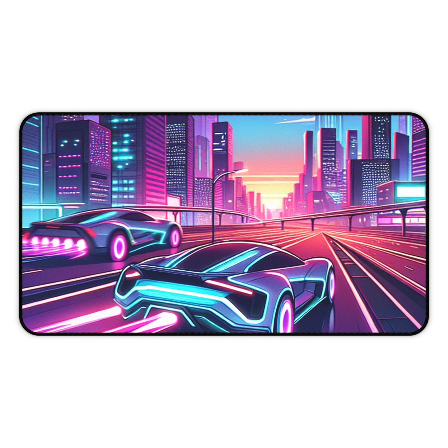 Neon Cityscape Desk Mat - Futuristic Car Design for Gamers & Desk Enthusiasts