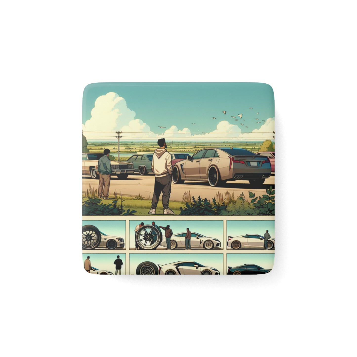 Retro Car Enthusiast Porcelain Magnet - Nostalgic Vintage Scene- for Car Enthusiasts