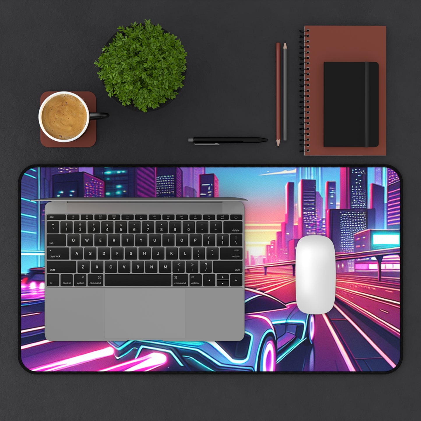 Neon Cityscape Desk Mat - Futuristic Car Design for Gamers & Desk Enthusiasts