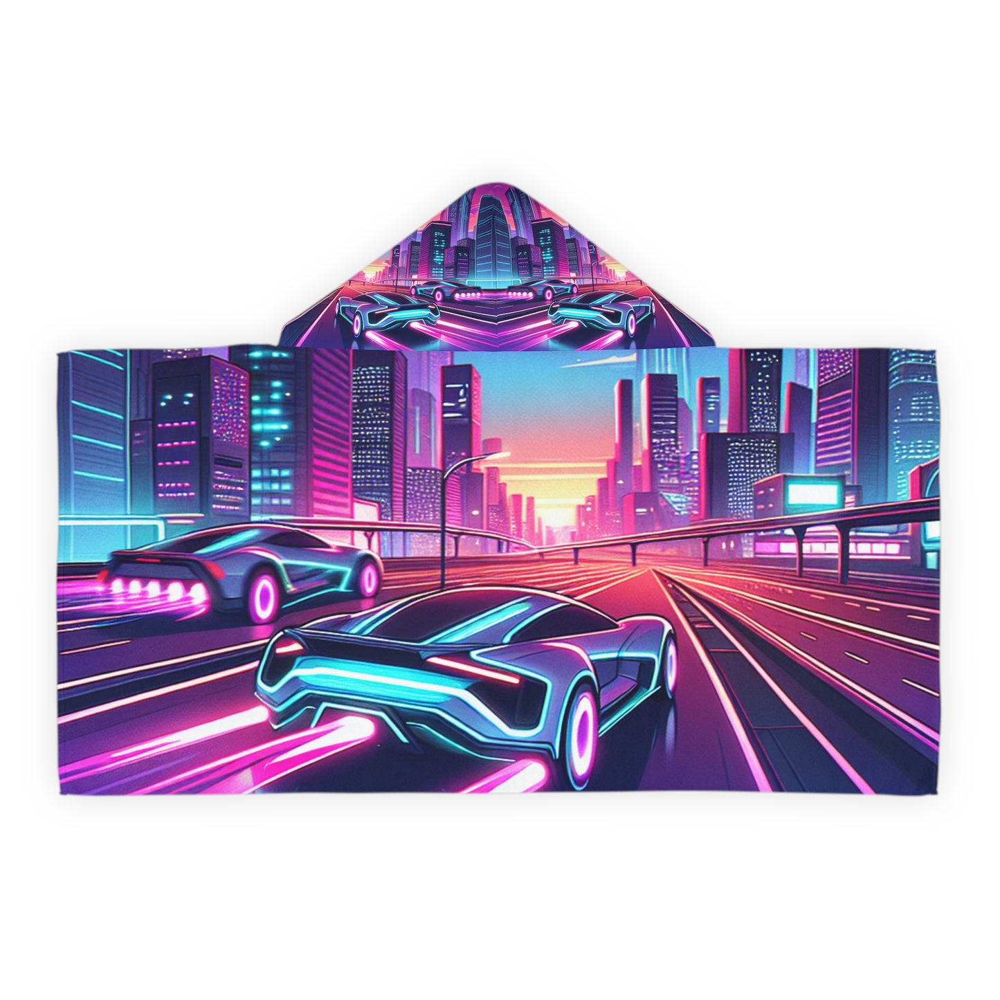 Youth Hooded Towel - Neon Cityscape Super Car Design for Kids