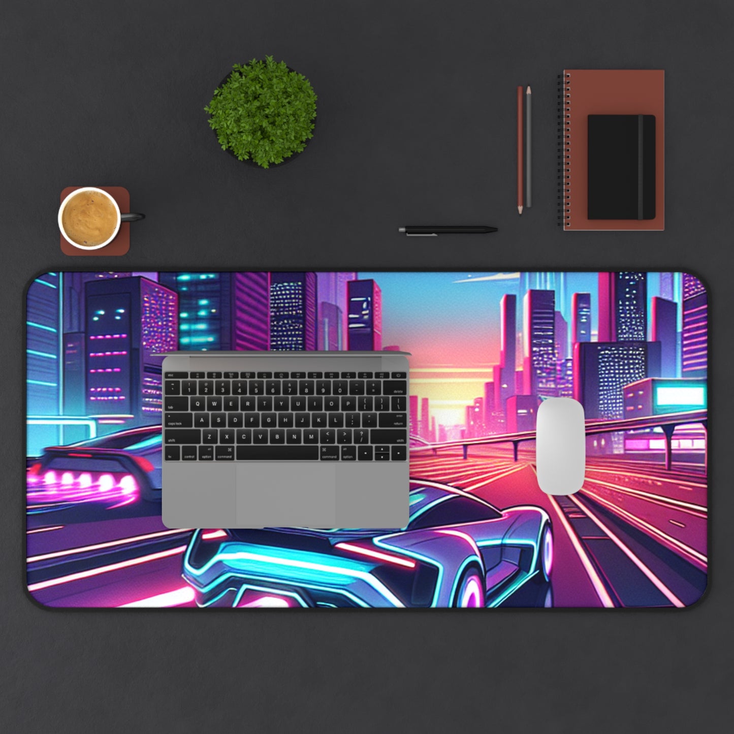 Neon Cityscape Desk Mat - Futuristic Car Design for Gamers & Desk Enthusiasts