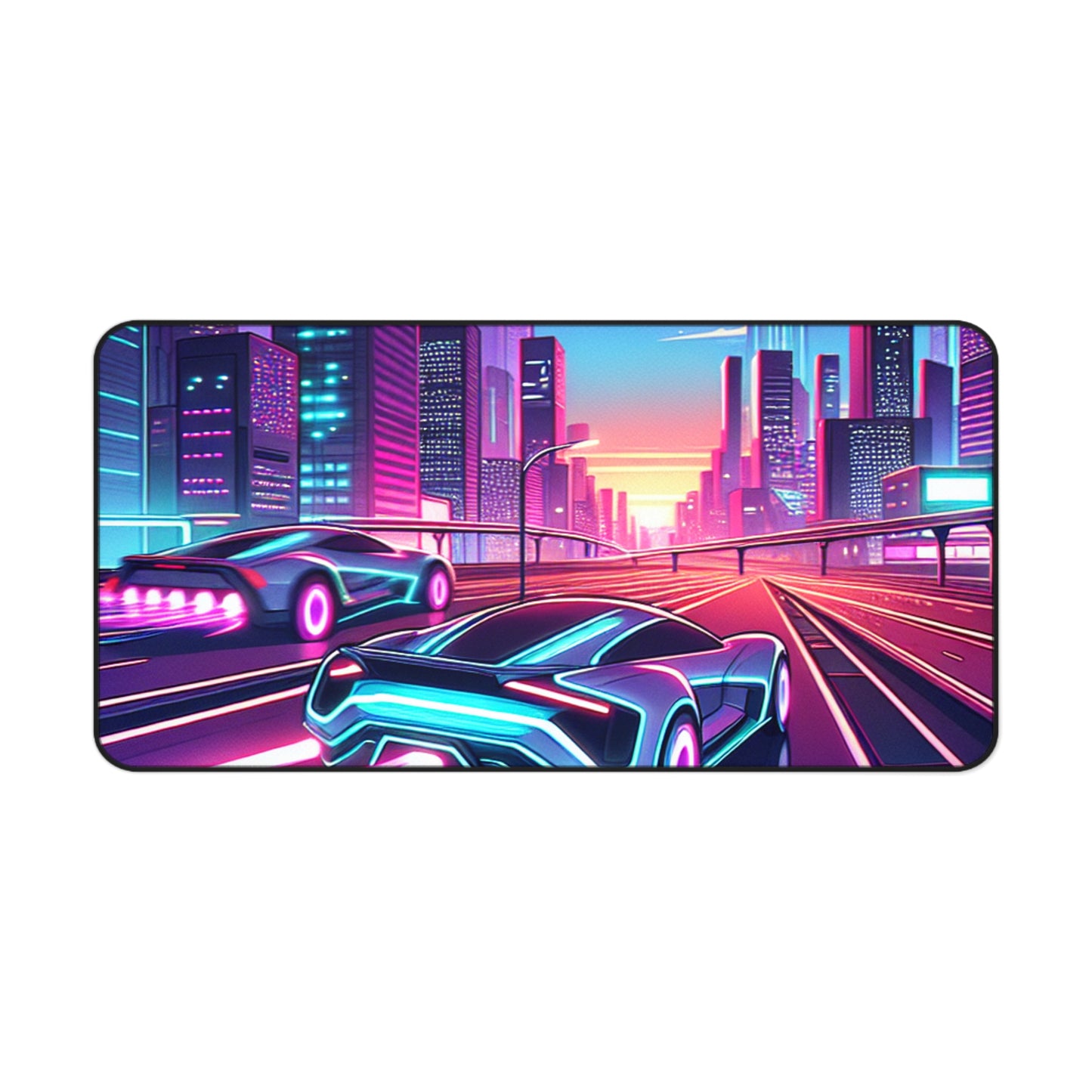Neon Cityscape Desk Mat - Futuristic Car Design for Gamers & Desk Enthusiasts