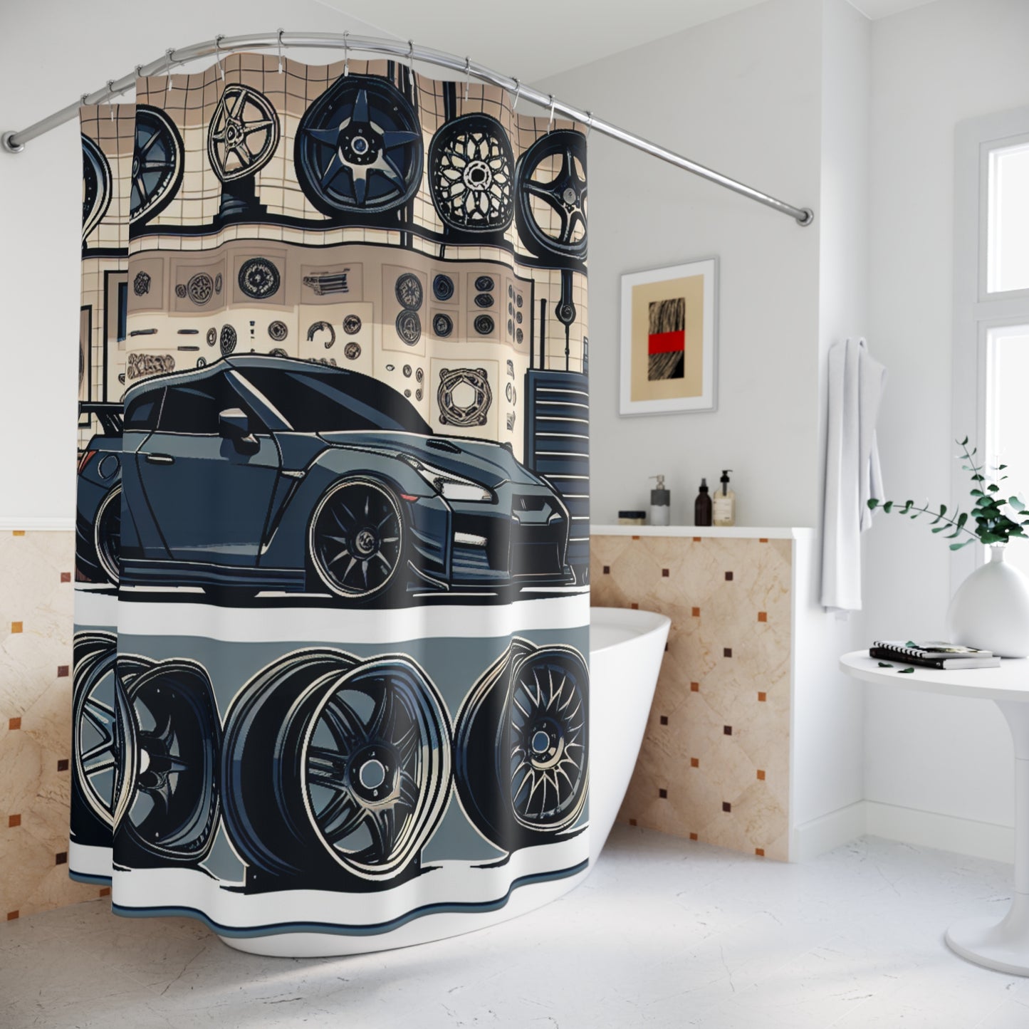 Racing Garage Shower Curtain - Automotive Decor for Car Enthusiasts