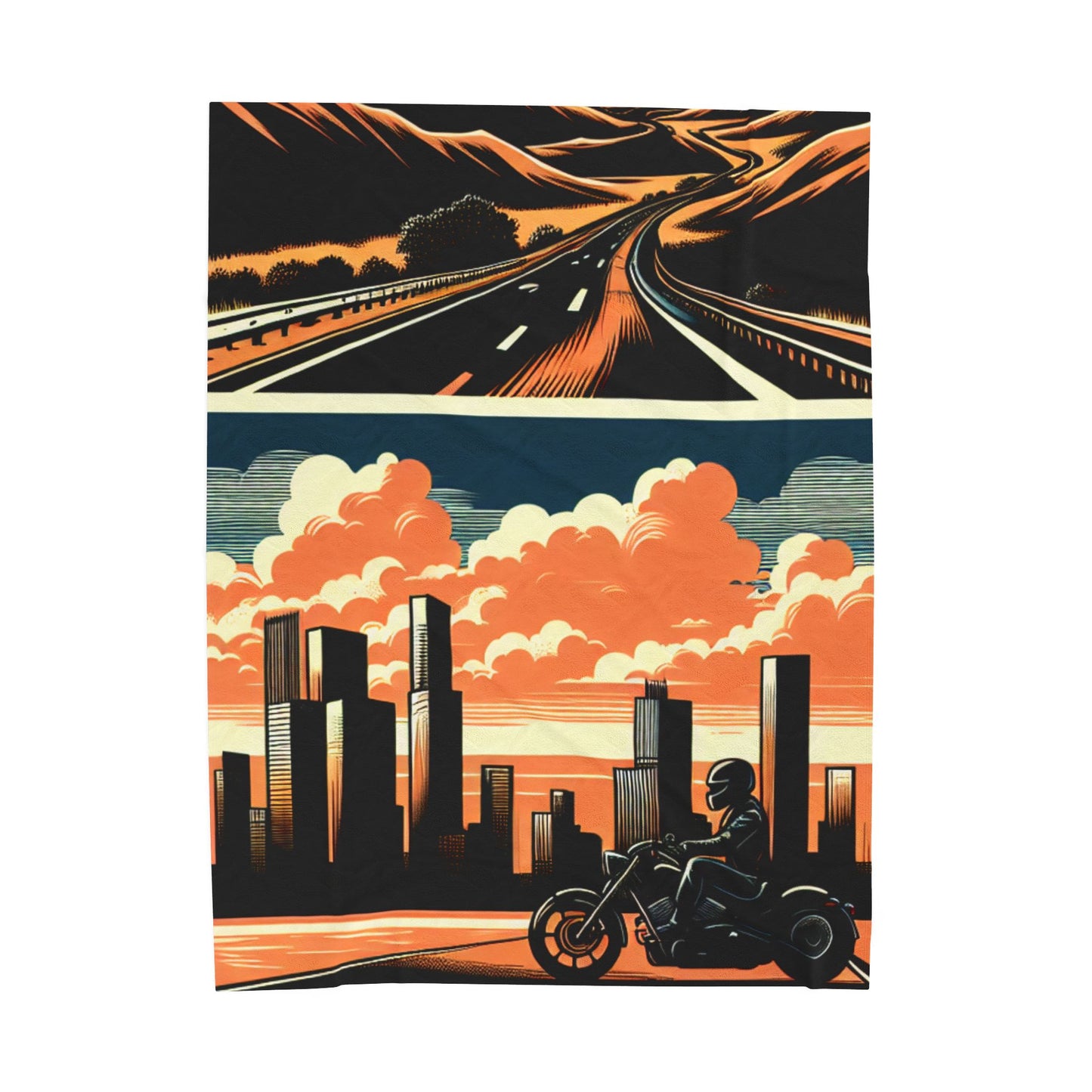 Retro Bike Velveteen Plush Blanket - Cozy Road Trip & Cityscape Design