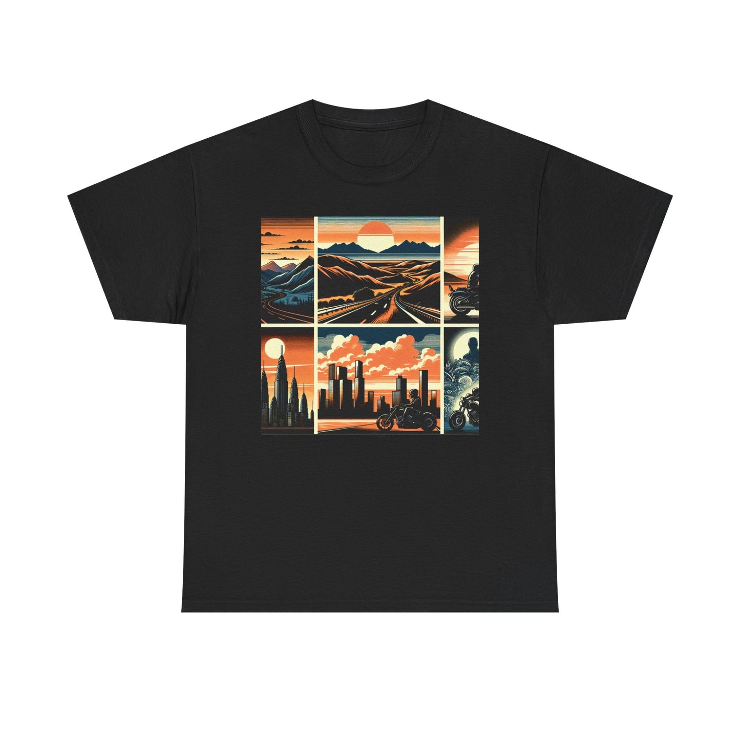 Retro Bike Adventure Vibes Unisex Heavy Cotton Tee - Vintage Motorcycle & Landscape Design