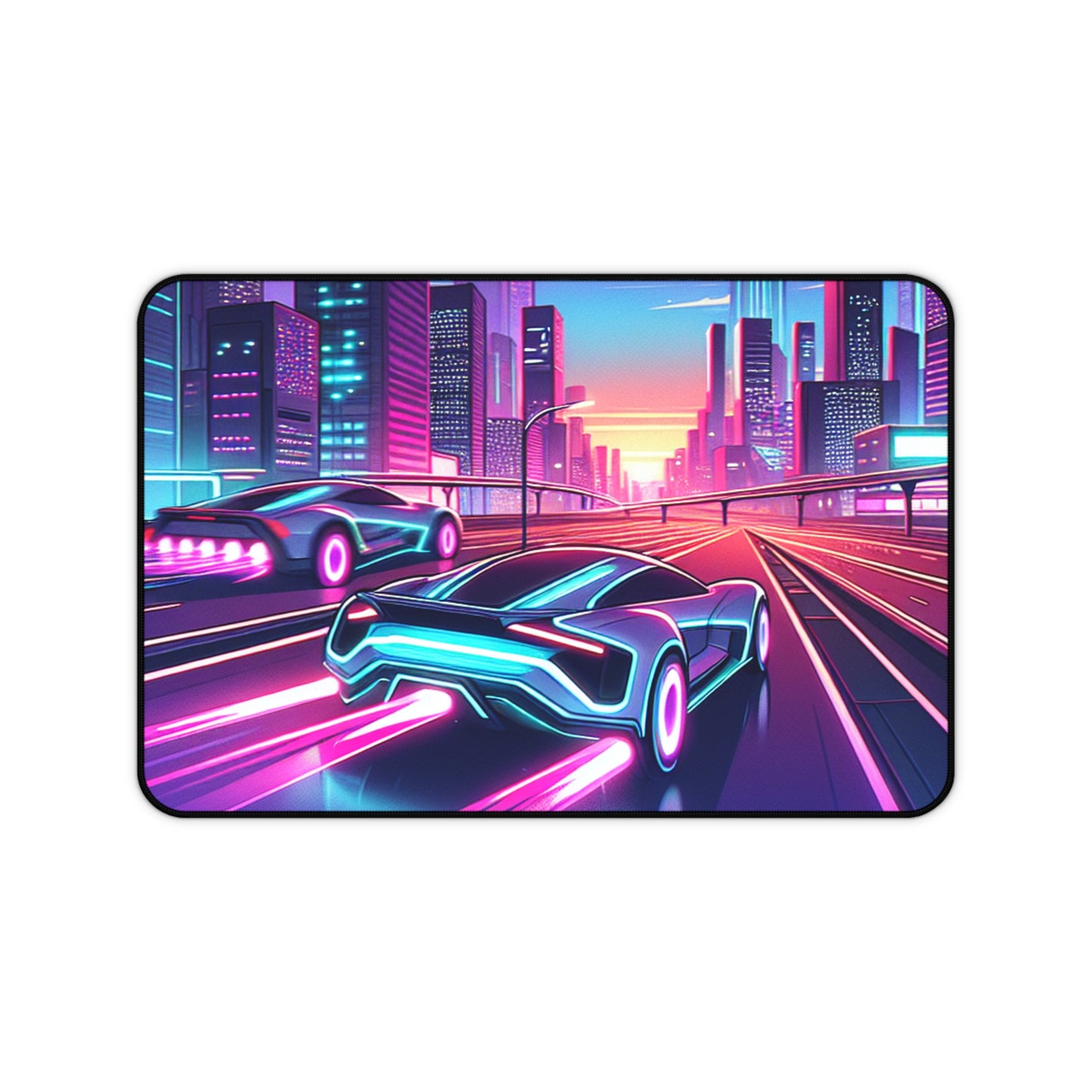 Neon Cityscape Desk Mat - Futuristic Car Design for Gamers & Desk Enthusiasts