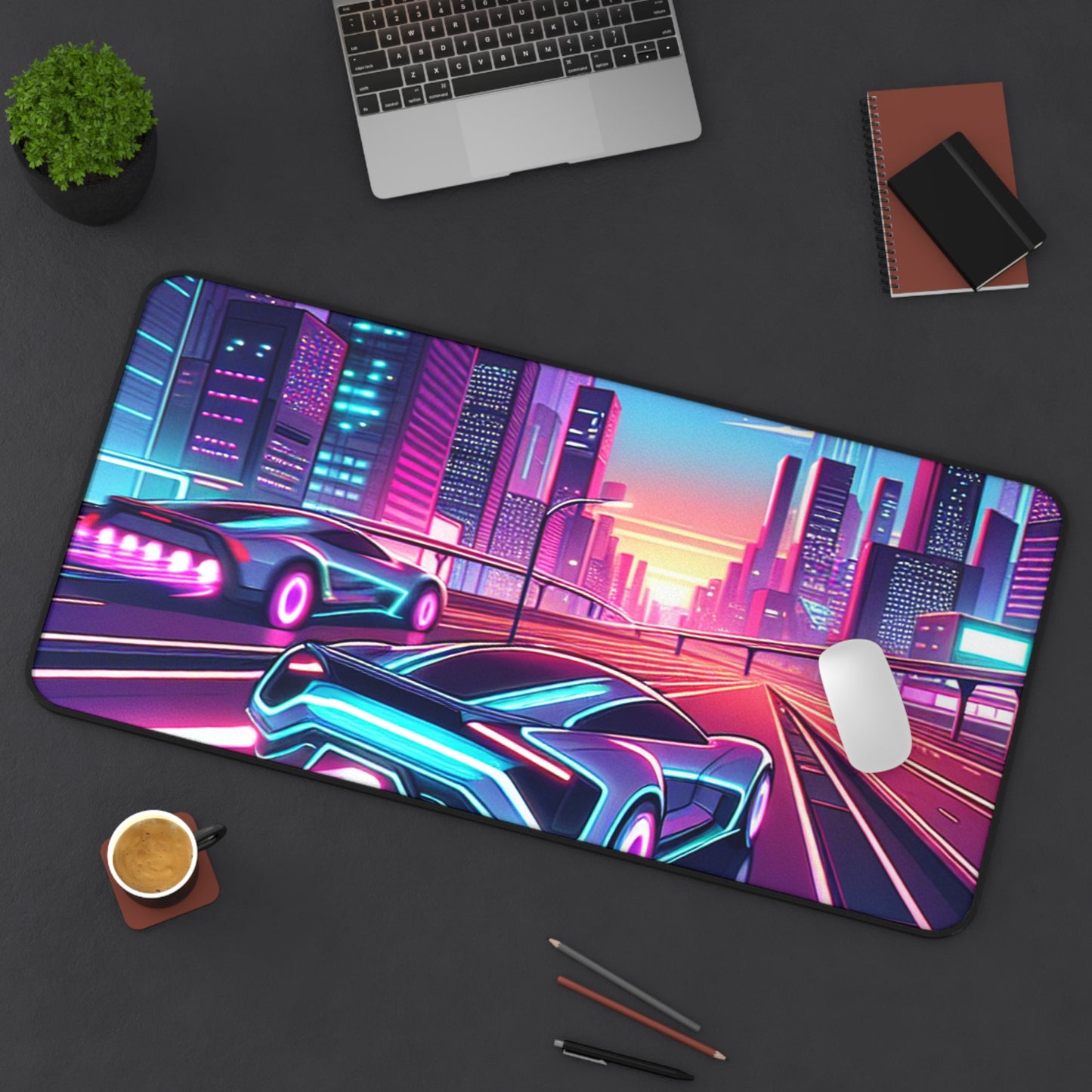 Neon Cityscape Desk Mat - Futuristic Car Design for Gamers & Desk Enthusiasts