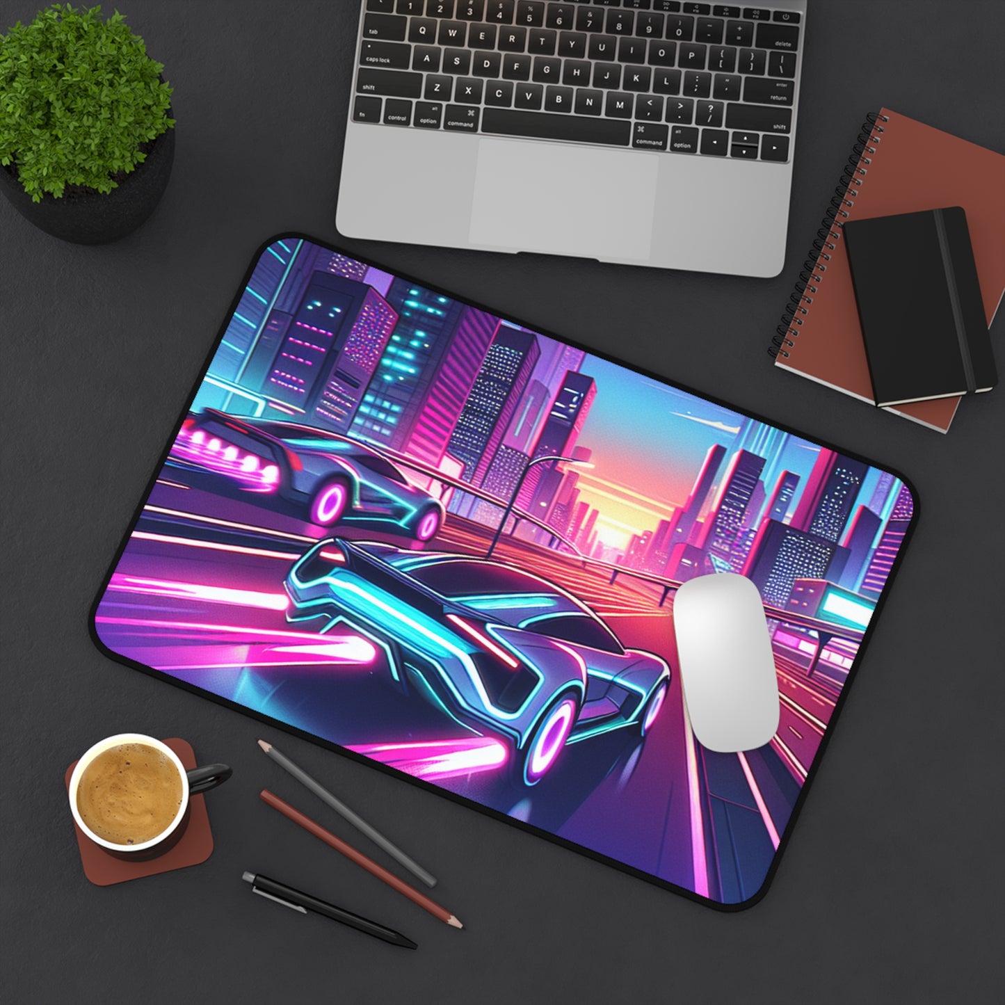 Neon Cityscape Desk Mat - Futuristic Car Design for Gamers & Desk Enthusiasts