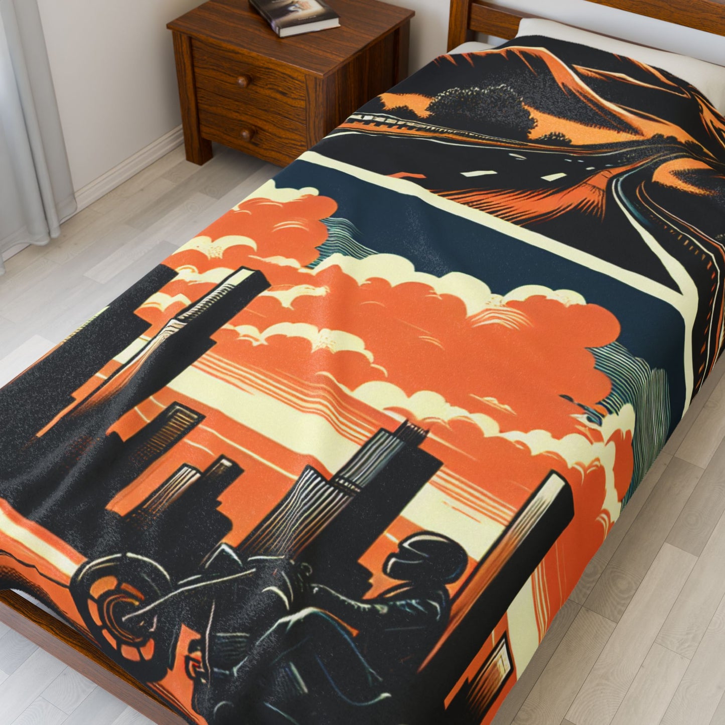 Retro Bike Velveteen Plush Blanket - Cozy Road Trip & Cityscape Design
