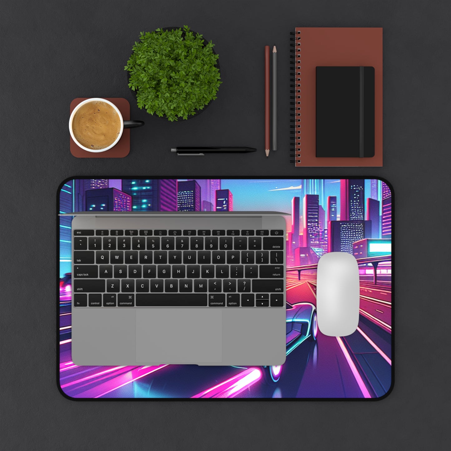 Neon Cityscape Desk Mat - Futuristic Car Design for Gamers & Desk Enthusiasts
