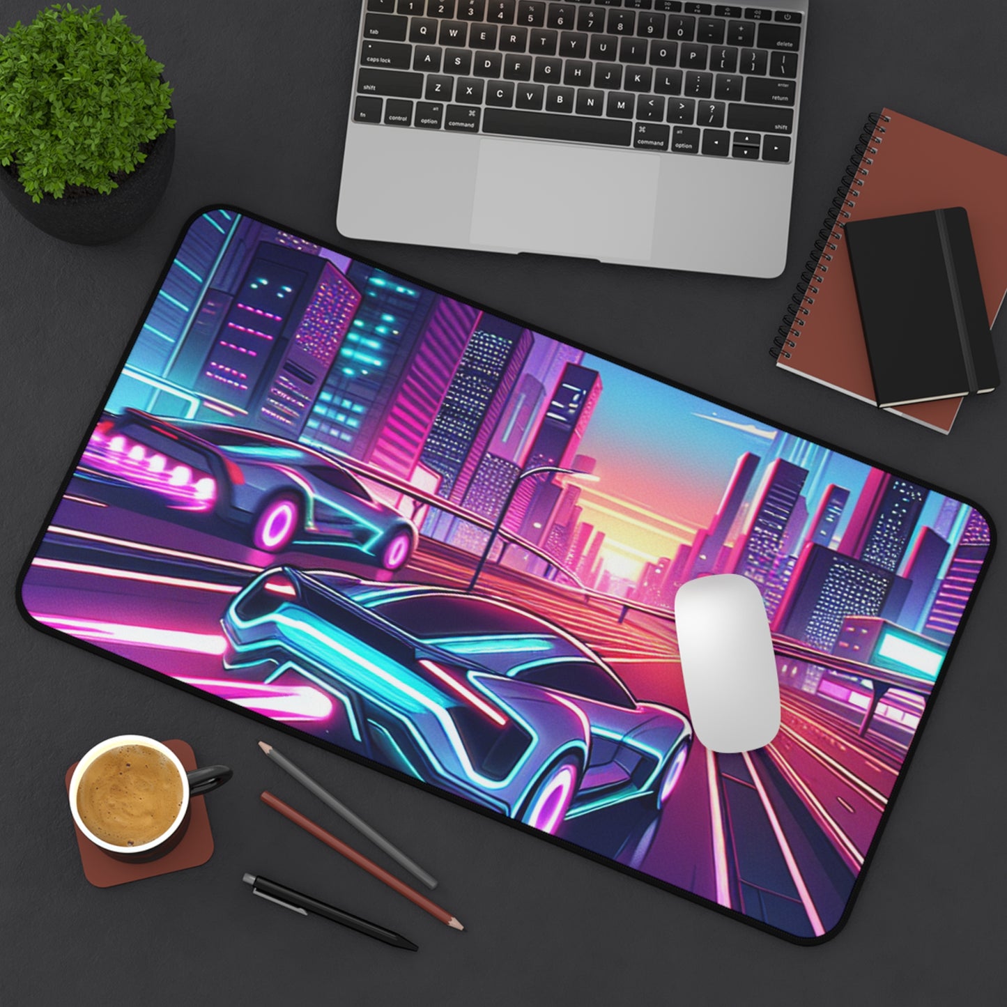 Neon Cityscape Desk Mat - Futuristic Car Design for Gamers & Desk Enthusiasts