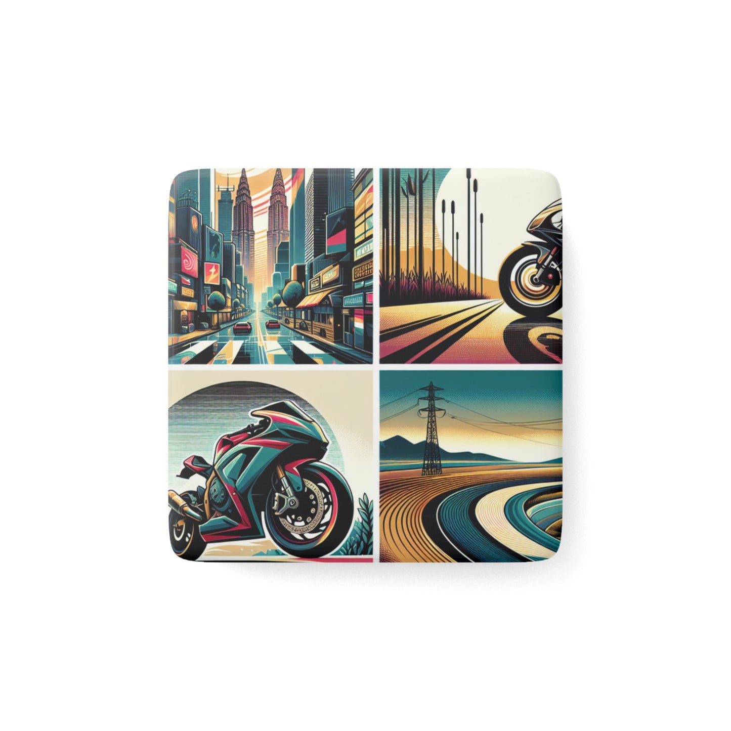 Vintage Motorcycle Square Porcelain Magnet - Retro Road Trip Art
