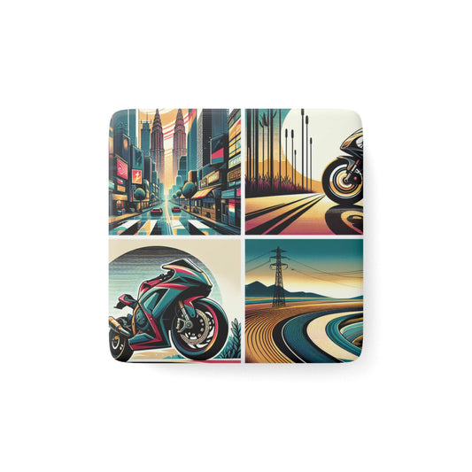 Vintage Motorcycle Square Porcelain Magnet - Retro Road Trip Art