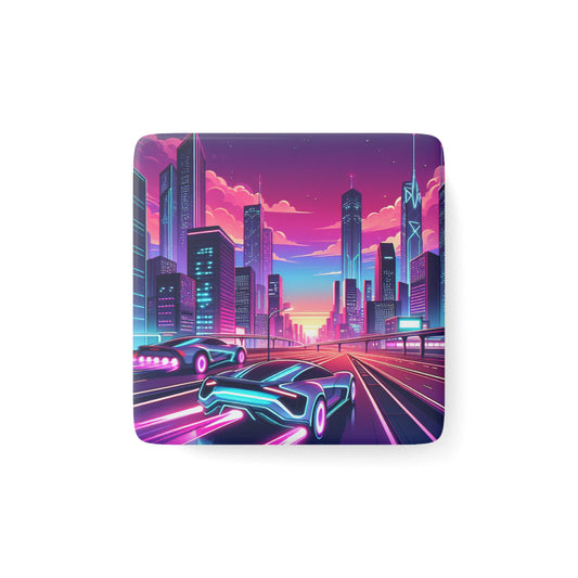 Retro Neon Cityscape Porcelain Magnet - Perfect for Car Lovers and Gift Giving