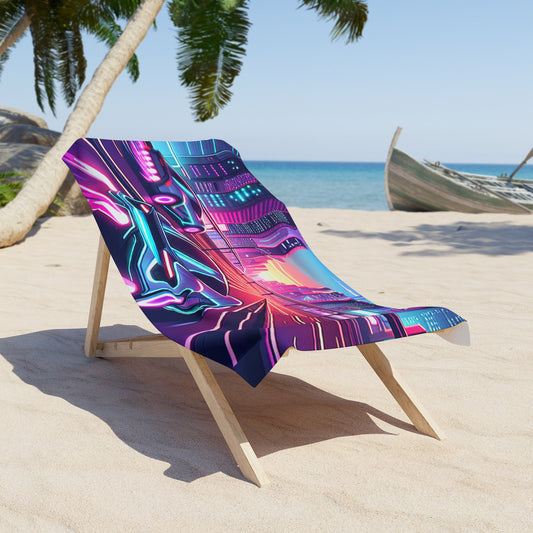 Neon City Beach Towel - Retro Futuristic Design for Summer Vibes and car lovers
