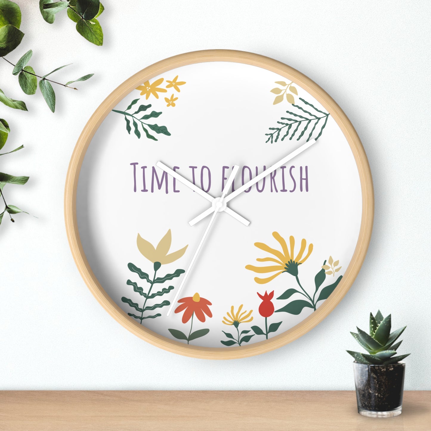 Floral Bloom Wall Clock - "Time to Flourish" Decor for Home & Office