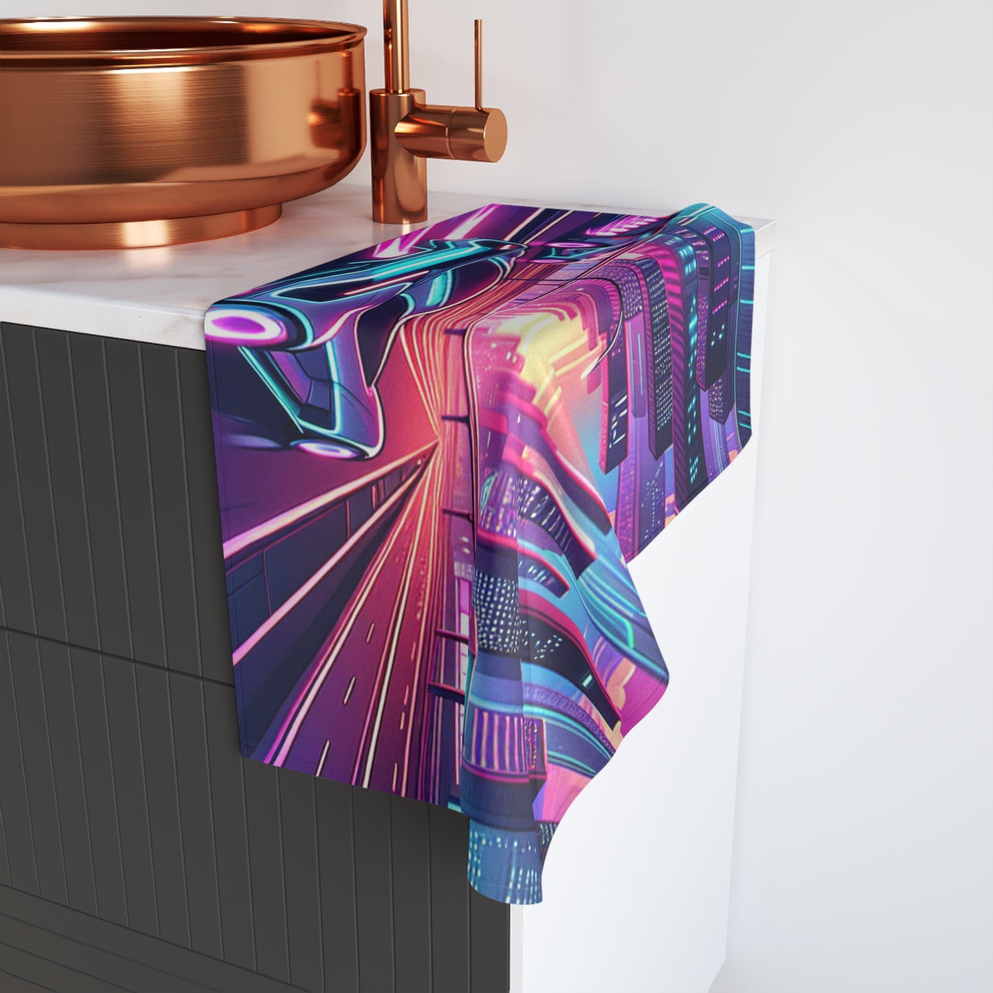 Neon City Hand Towel - Futuristic Design for Car Enthusiasts