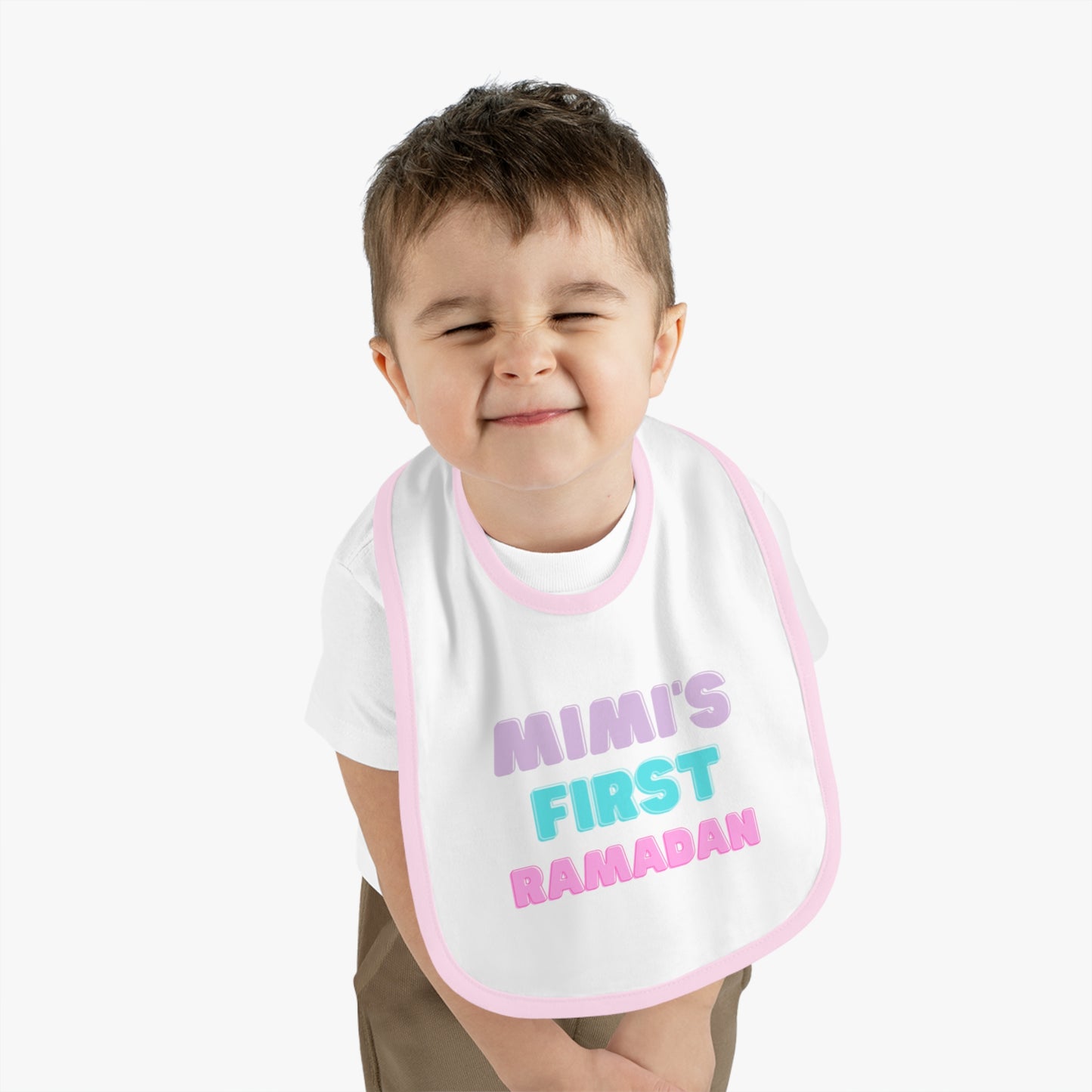 Mimi's First Ramadan Baby Bib | Cute Contrast Trim Jersey Bib for New Celebrations