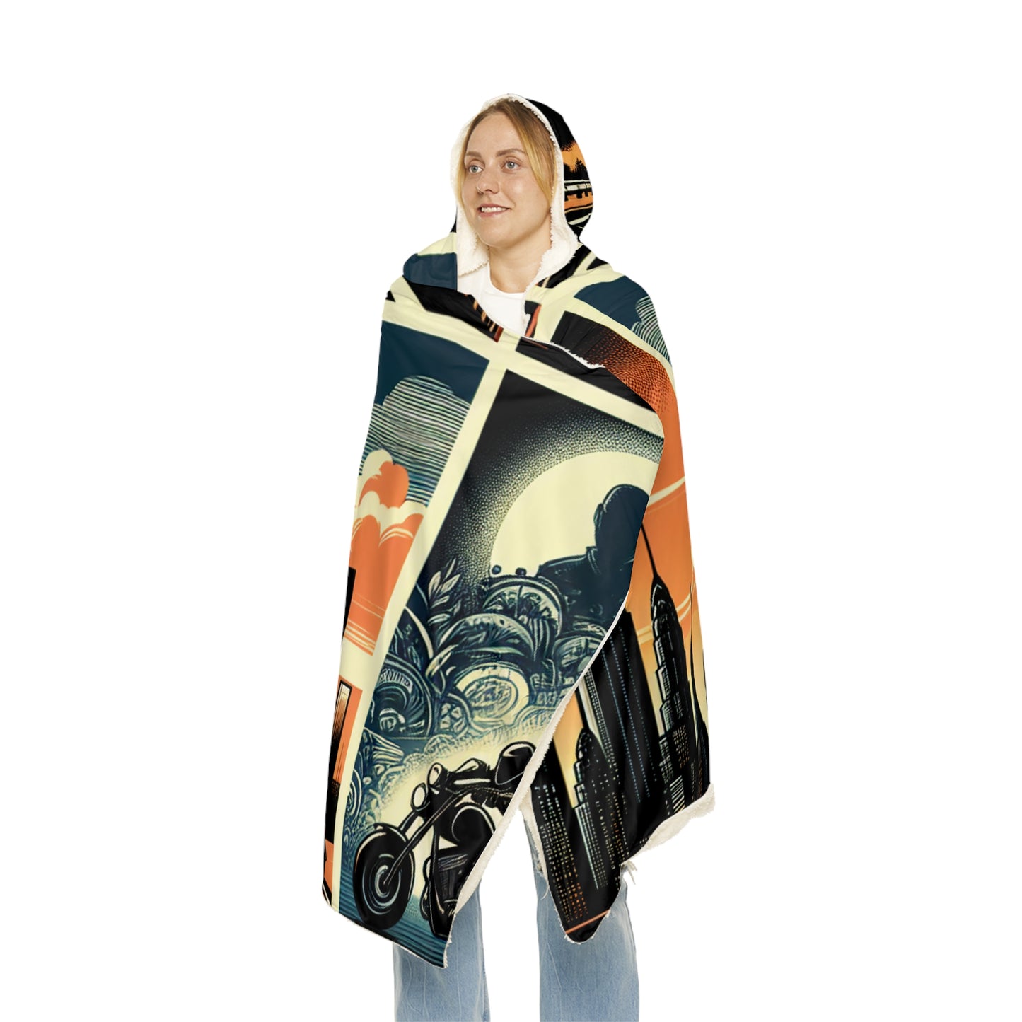 Retro Bike Snuggle Blanket - Cozy Hooded Wrap with Cityscape Design