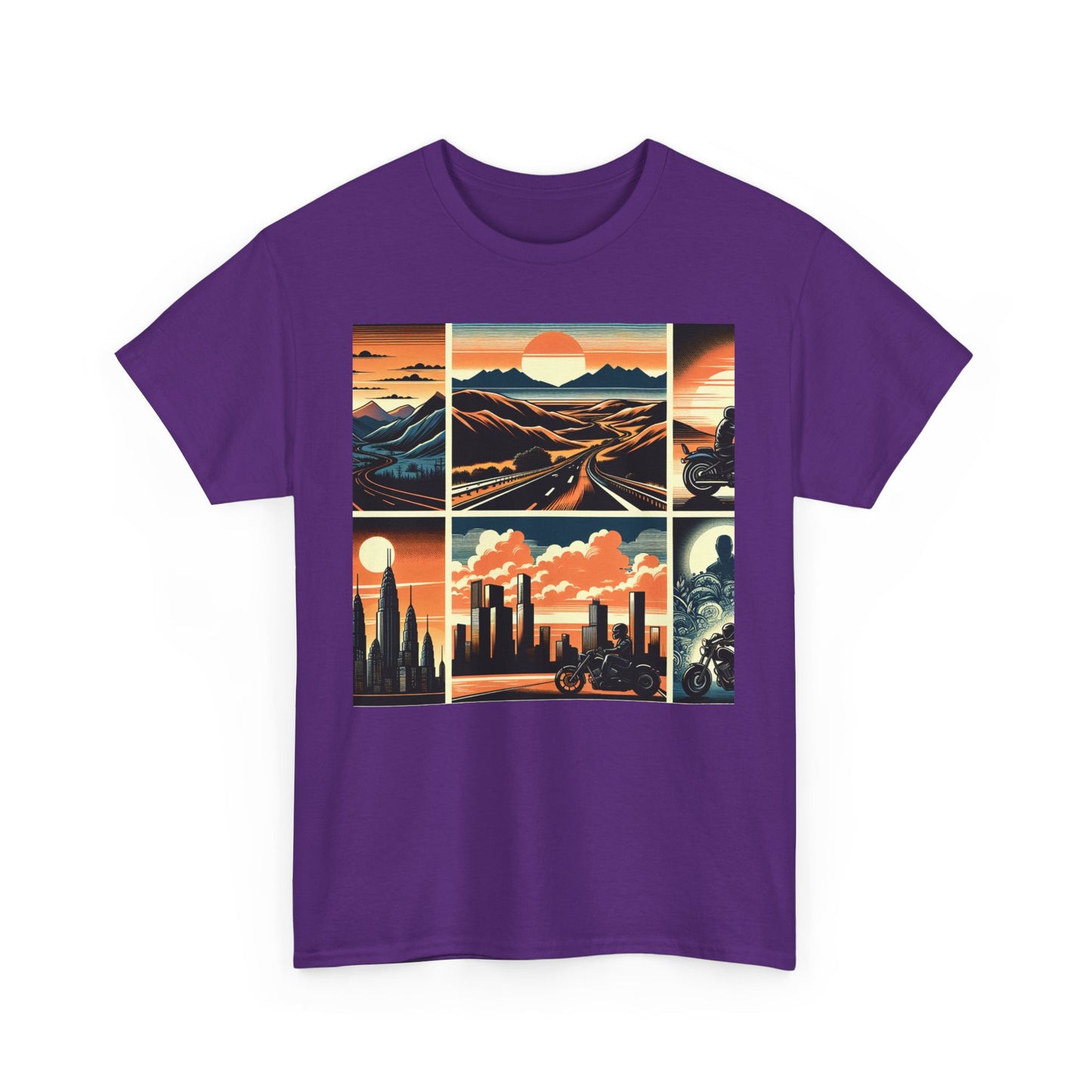 Retro Bike Adventure Vibes Unisex Heavy Cotton Tee - Vintage Motorcycle & Landscape Design
