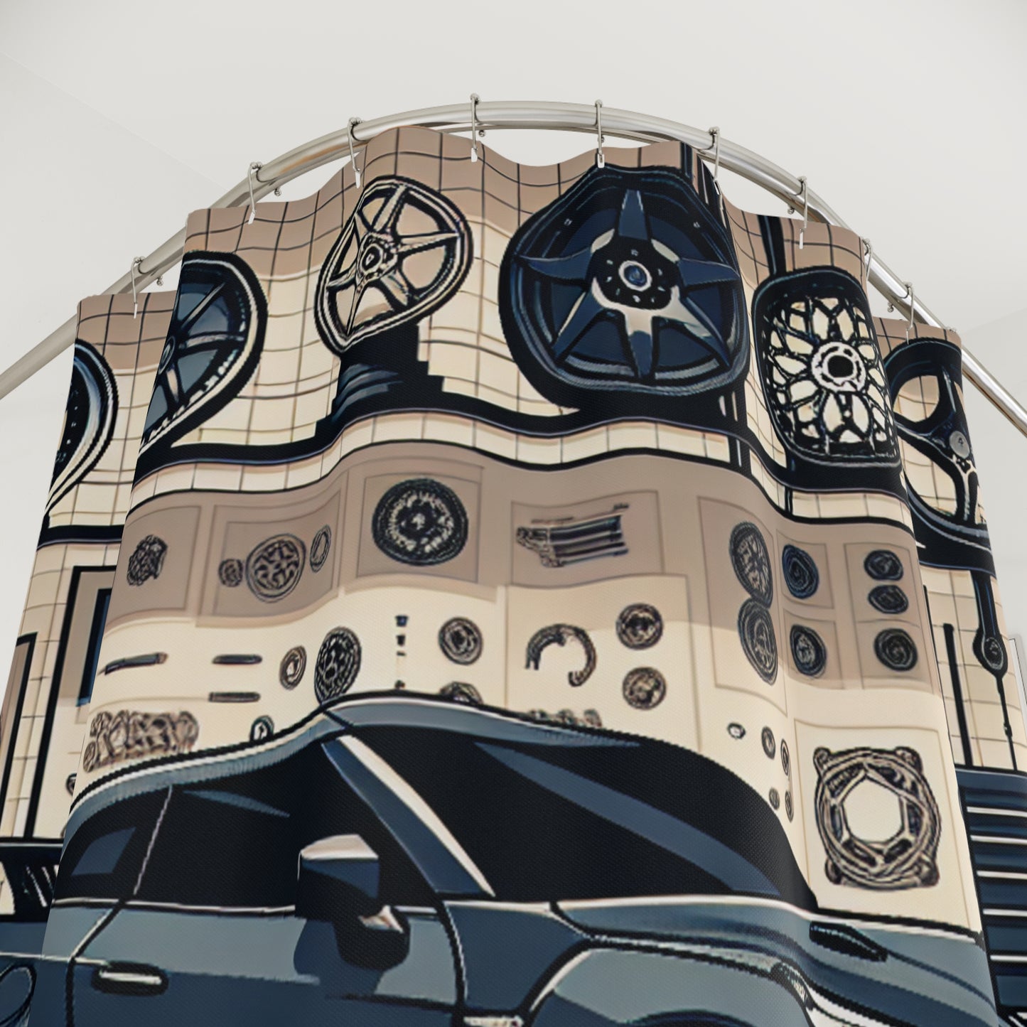 Racing Garage Shower Curtain - Automotive Decor for Car Enthusiasts