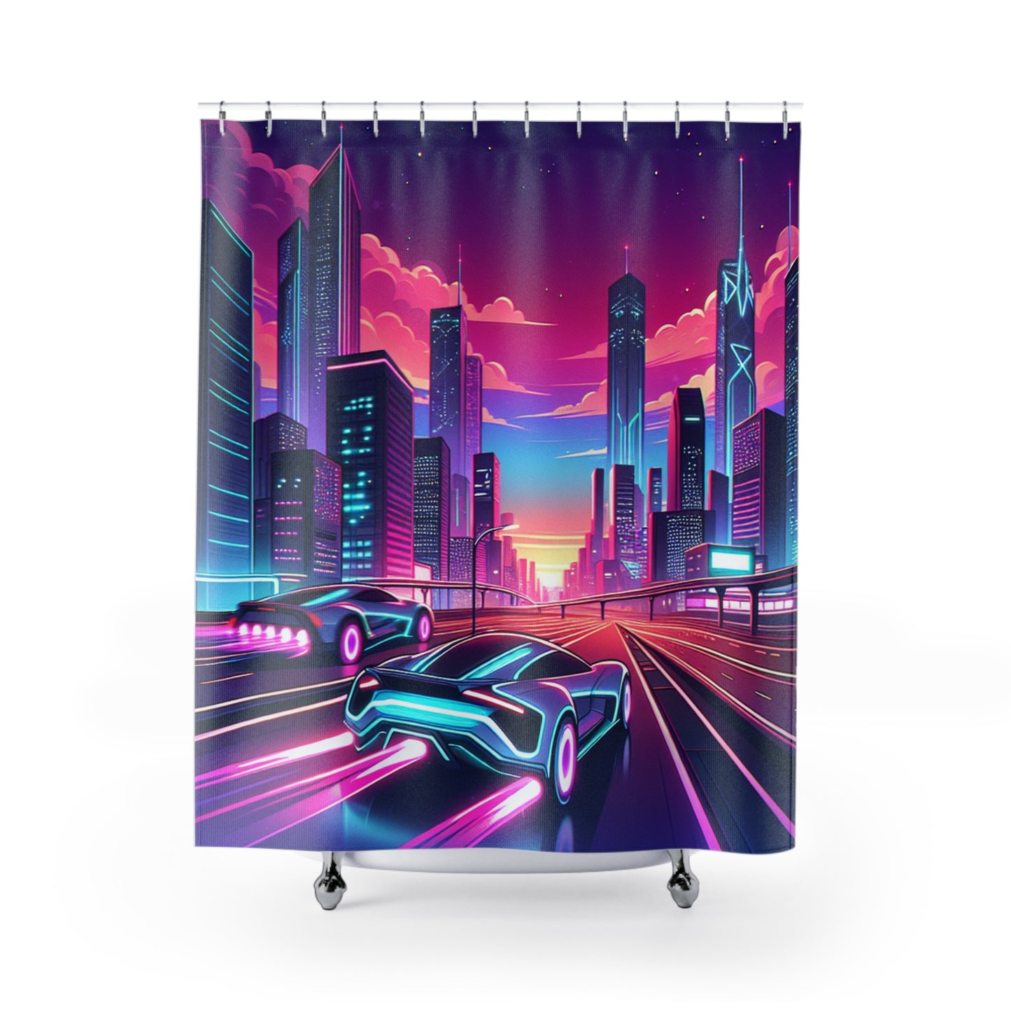 Futuristic Neon City Shower Curtain - Retro Style Home Decor