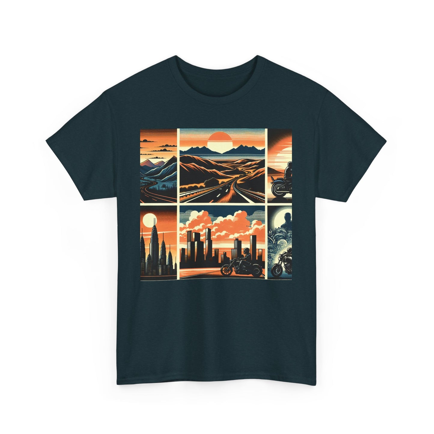 Retro Bike Adventure Vibes Unisex Heavy Cotton Tee - Vintage Motorcycle & Landscape Design