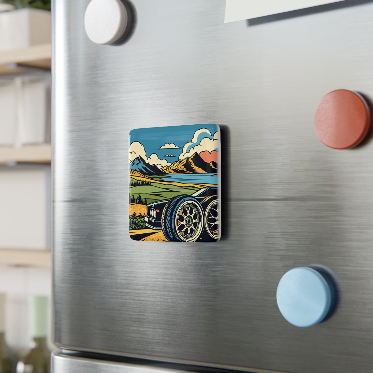 Vintage Car Landscape Porcelain Magnet - Retro Art for Auto Enthusiasts