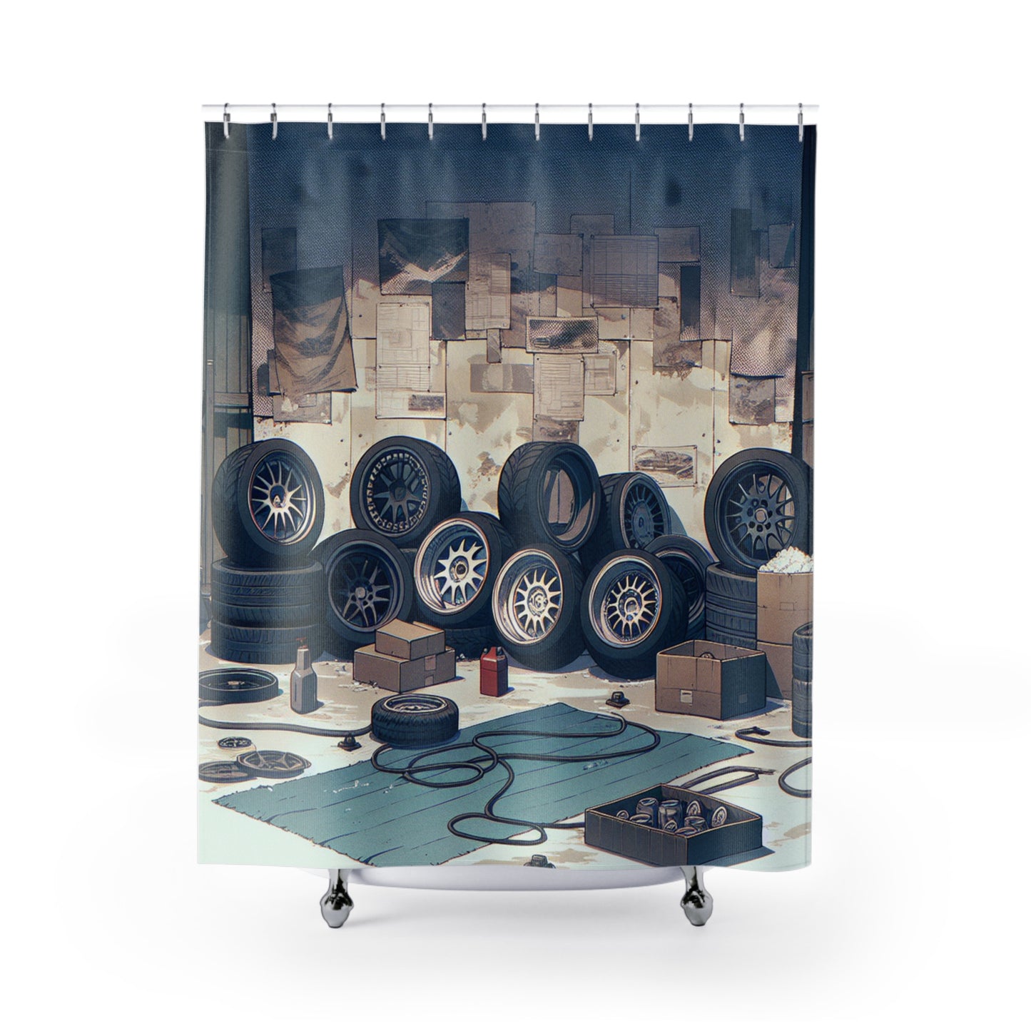 Racing Garage Shower Curtain – Car Enthusiast Decor for Automotive Lovers