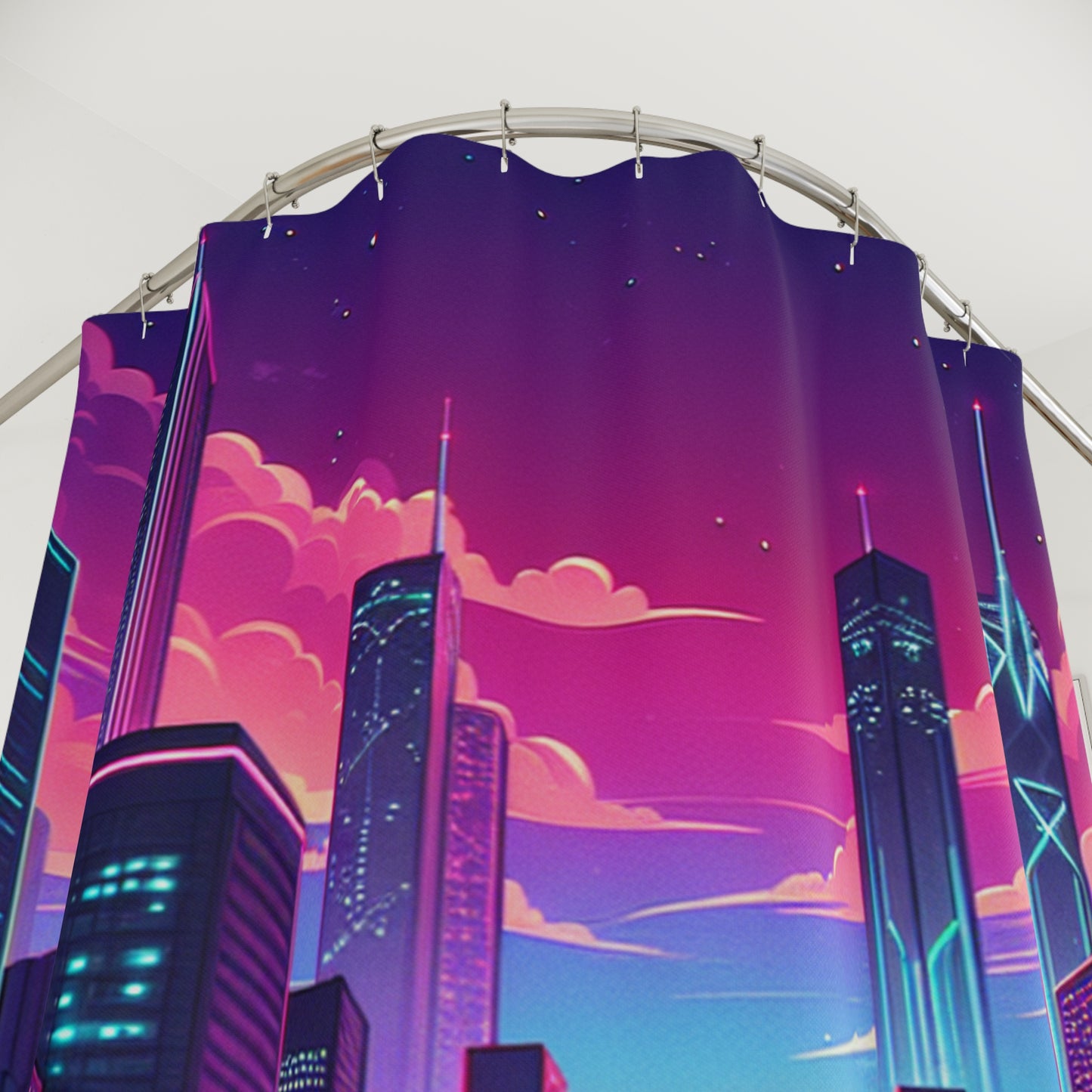 Futuristic Neon City Shower Curtain - Retro Style Home Decor