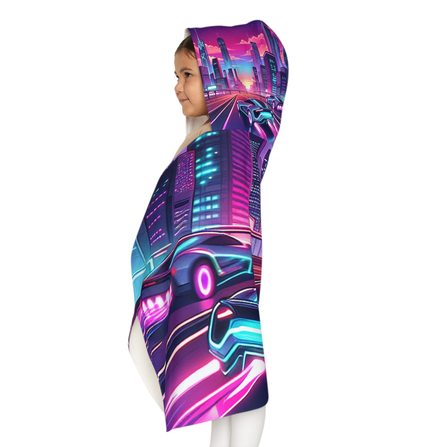 Youth Hooded Towel - Neon Cityscape Super Car Design for Kids