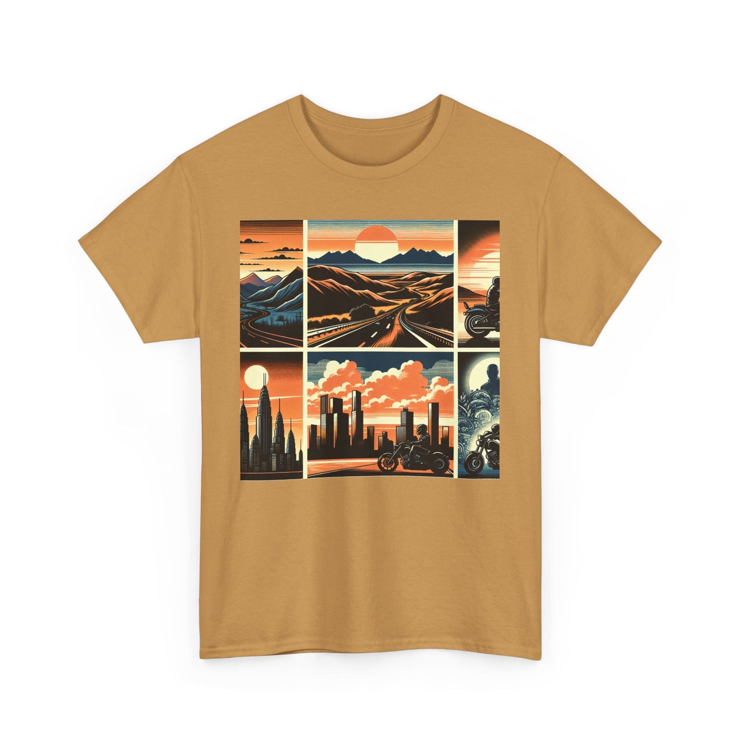 Retro Bike Adventure Vibes Unisex Heavy Cotton Tee - Vintage Motorcycle & Landscape Design
