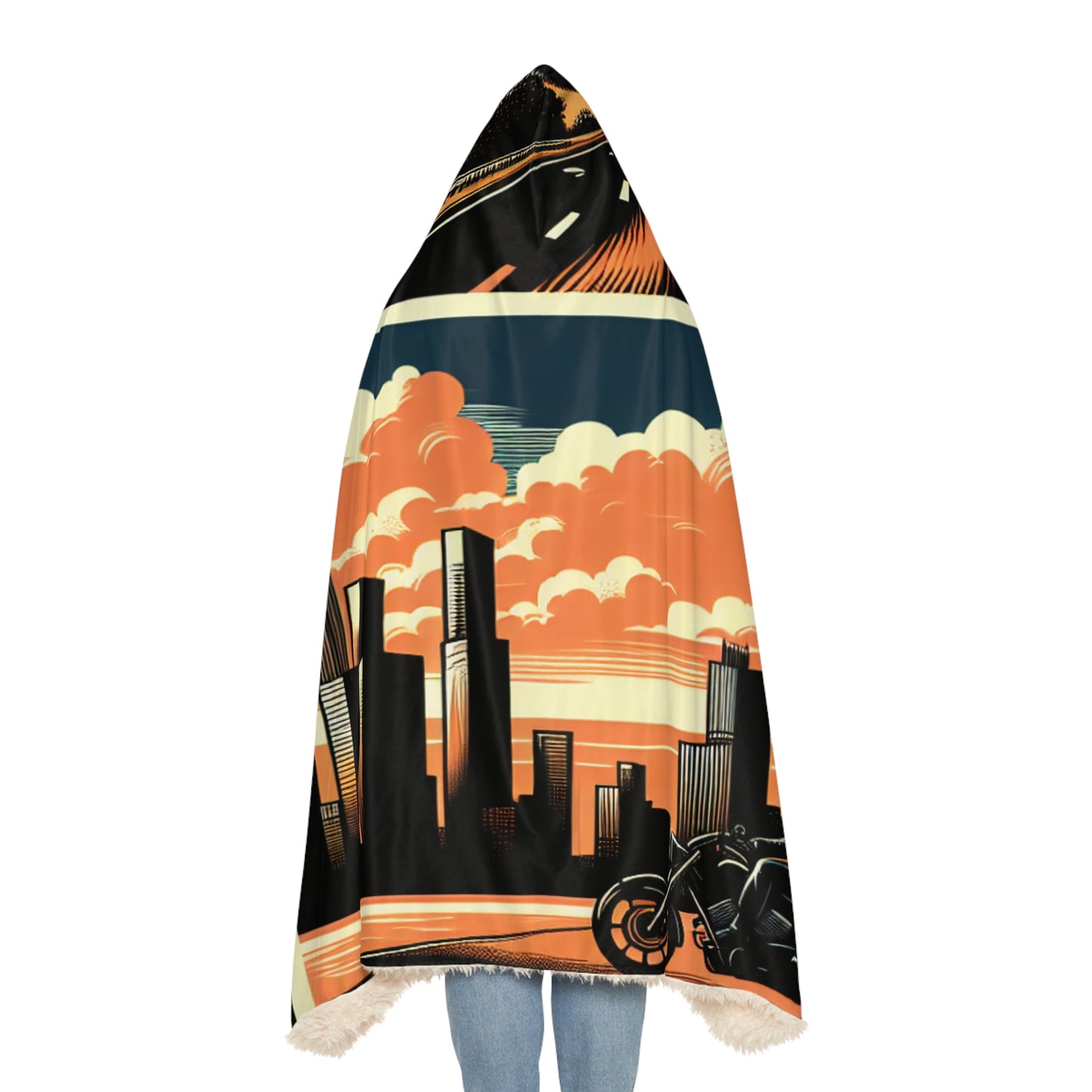 Retro Bike Snuggle Blanket - Cozy Hooded Wrap with Cityscape Design
