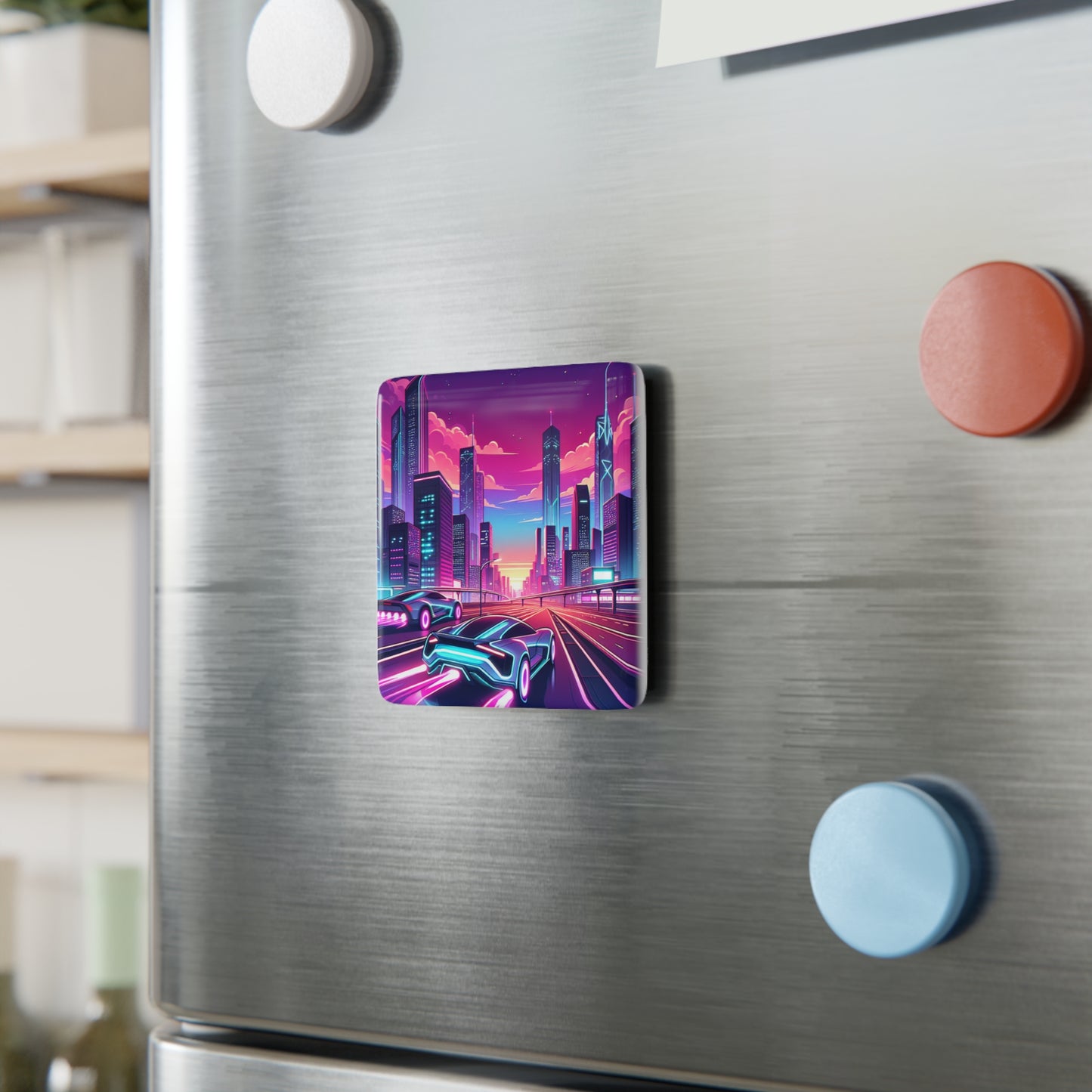 Retro Neon Cityscape Porcelain Magnet - Perfect for Car Lovers and Gift Giving
