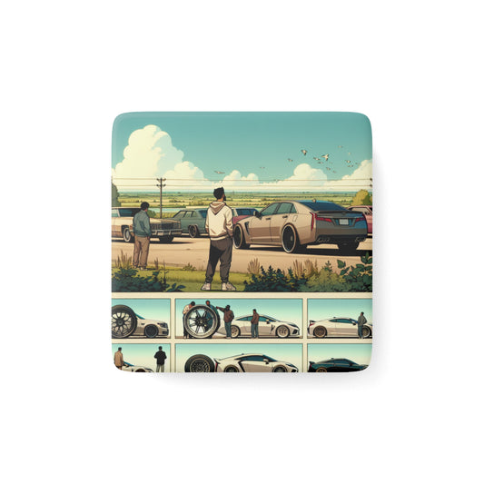 Retro Car Enthusiast Porcelain Magnet - Nostalgic Vintage Scene- for Car Enthusiasts