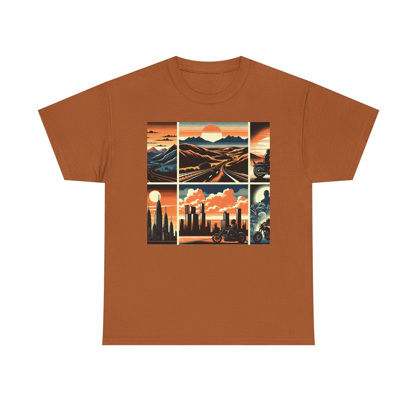 Retro Bike Adventure Vibes Unisex Heavy Cotton Tee - Vintage Motorcycle & Landscape Design