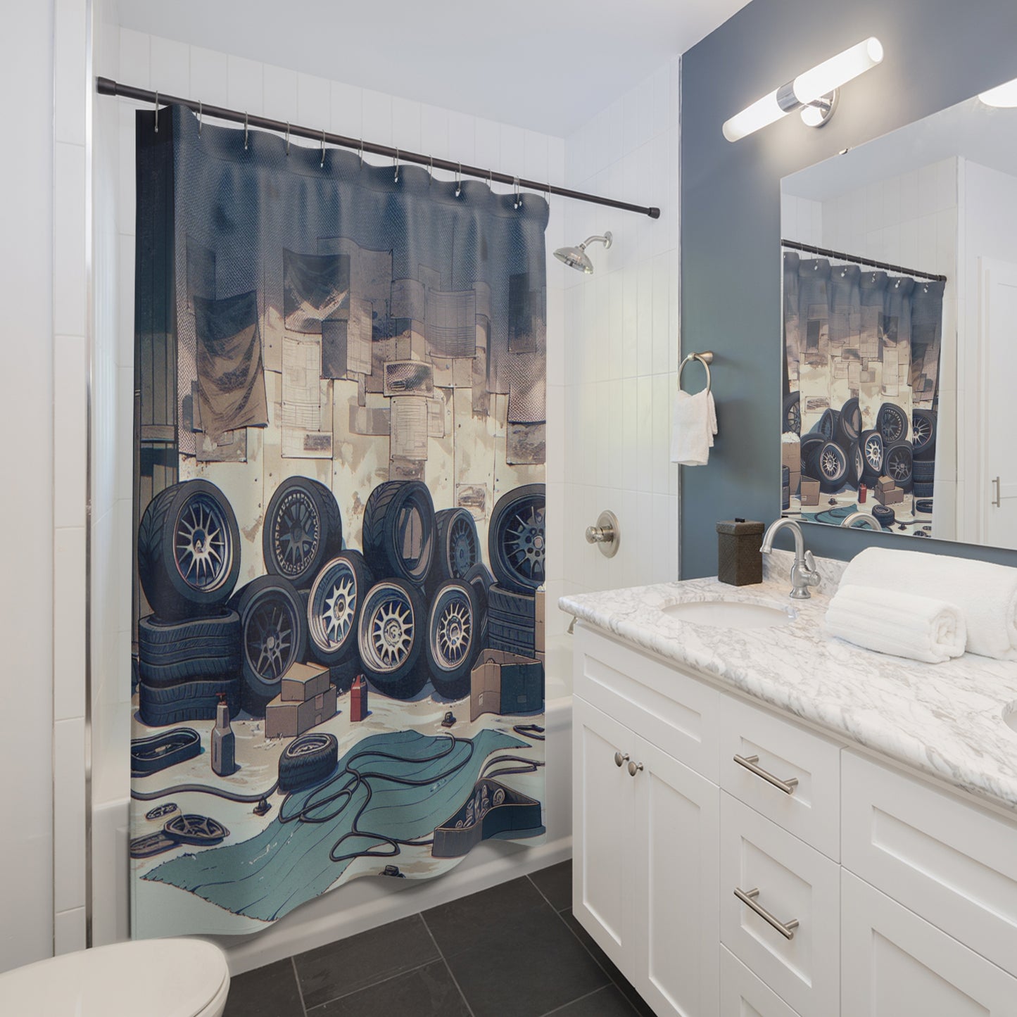 Racing Garage Shower Curtain – Car Enthusiast Decor for Automotive Lovers