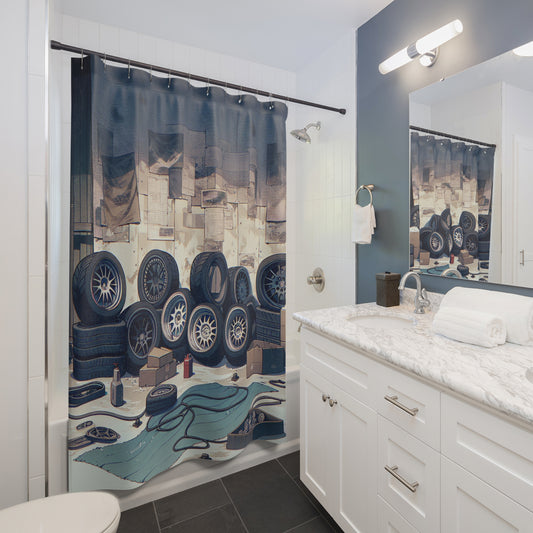 Racing Garage Shower Curtain – Car Enthusiast Decor for Automotive Lovers