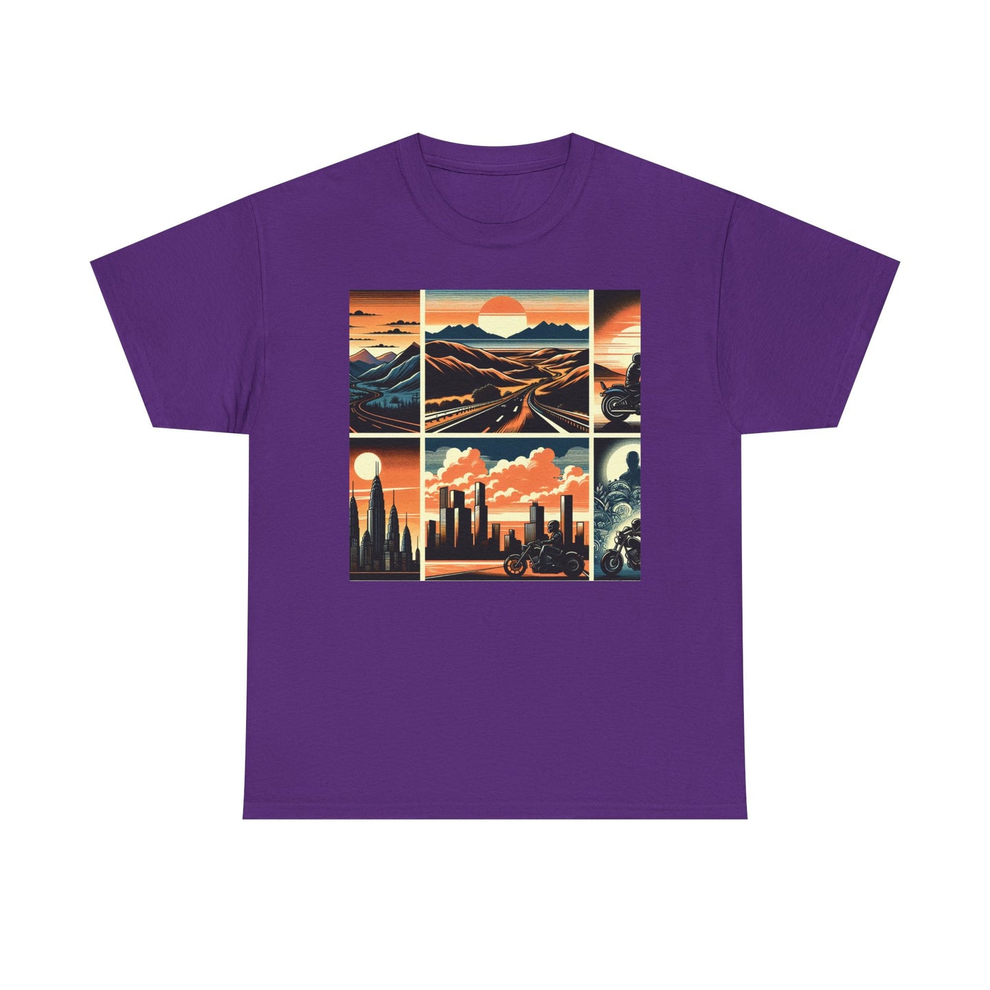 Retro Bike Adventure Vibes Unisex Heavy Cotton Tee - Vintage Motorcycle & Landscape Design