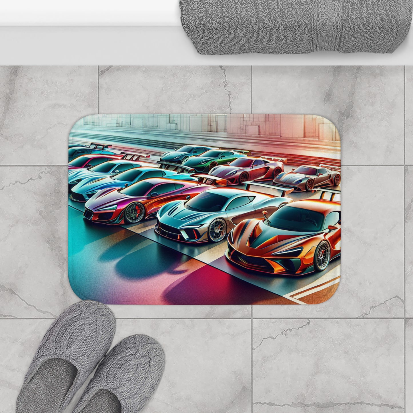 Racing Cars Bath Mat - Vibrant Automotive Design for Car Enthusiasts