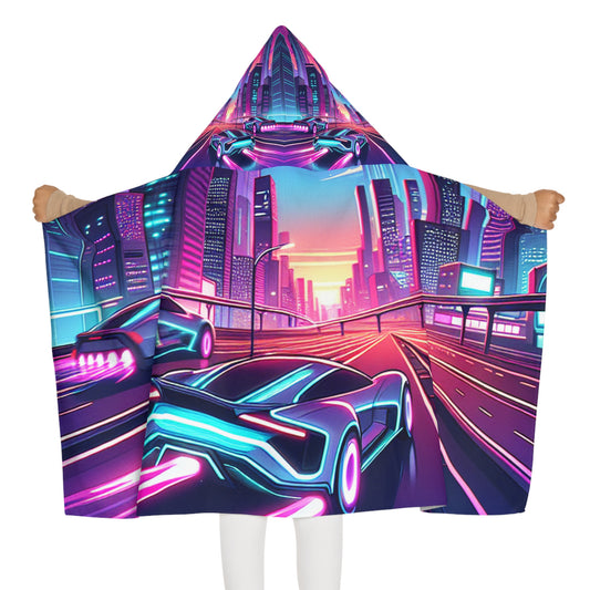 Youth Hooded Towel - Neon Cityscape Super Car Design for Kids