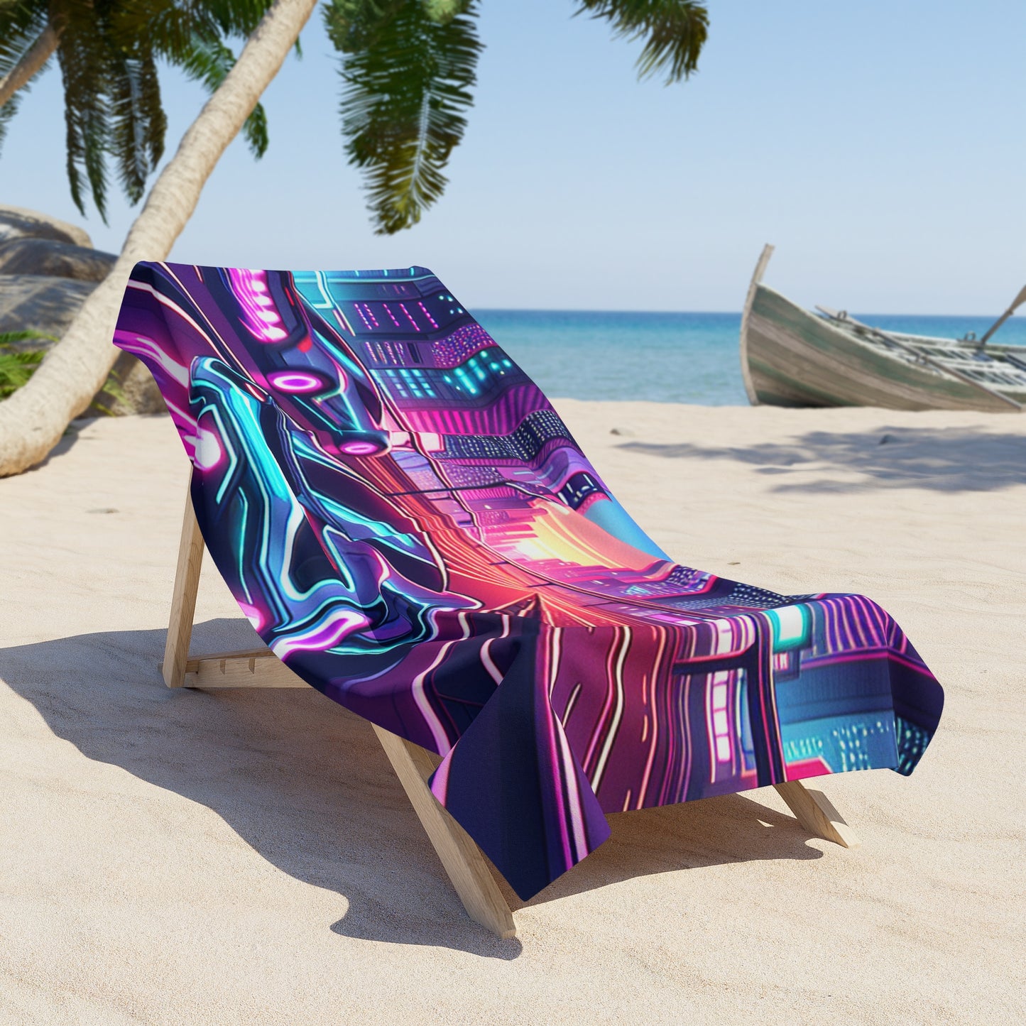 Neon City Beach Towel - Retro Futuristic Design for Summer Vibes and car lovers