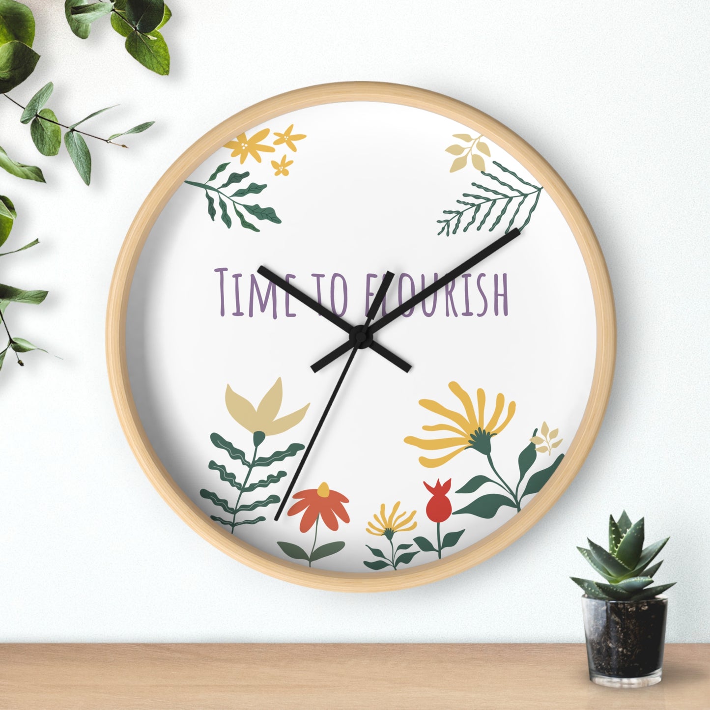 Floral Bloom Wall Clock - "Time to Flourish" Decor for Home & Office