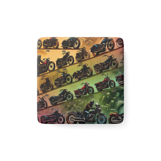 Vintage Motorcycle Timeline Porcelain Magnet - Square Decor for Bikers