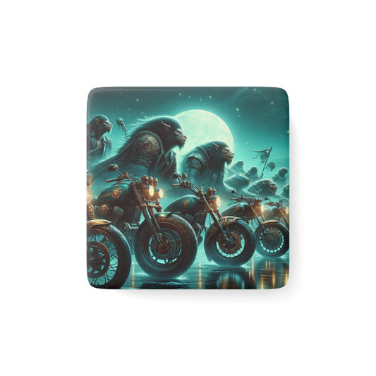 Motorcycle Lion Adventure Porcelain Magnet | Unique Square Decor for Bikers and Animal Lovers
