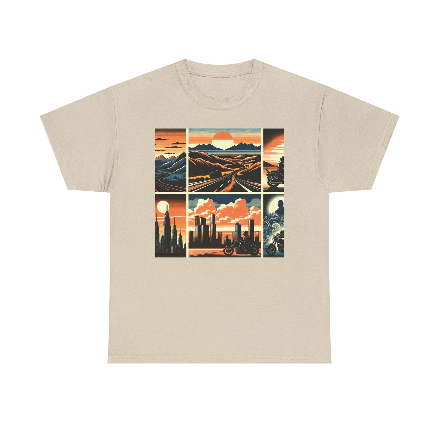 Retro Bike Adventure Vibes Unisex Heavy Cotton Tee - Vintage Motorcycle & Landscape Design