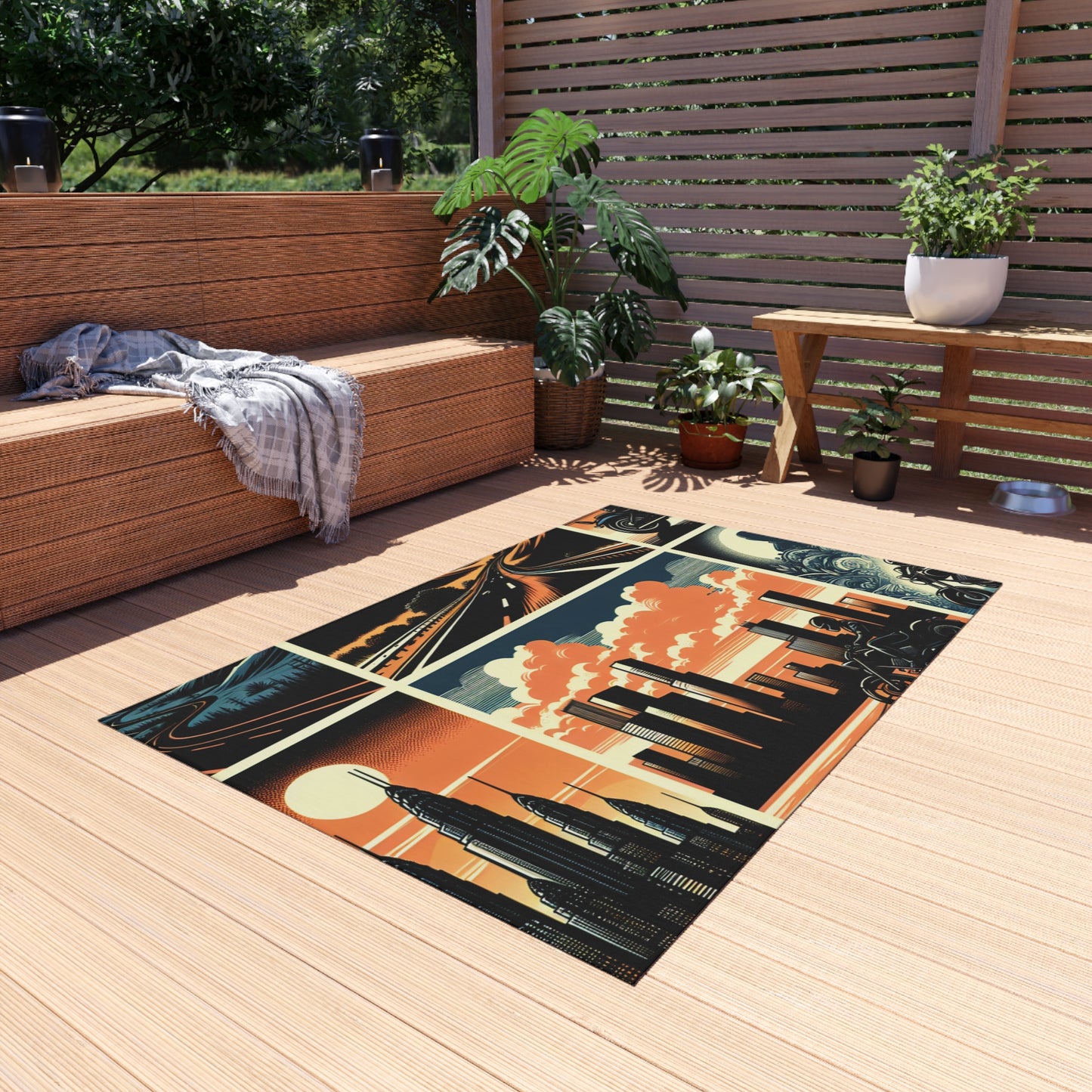 Retro Bike Outdoor Rug - Vibrant Travel Motif for Patios and Decks